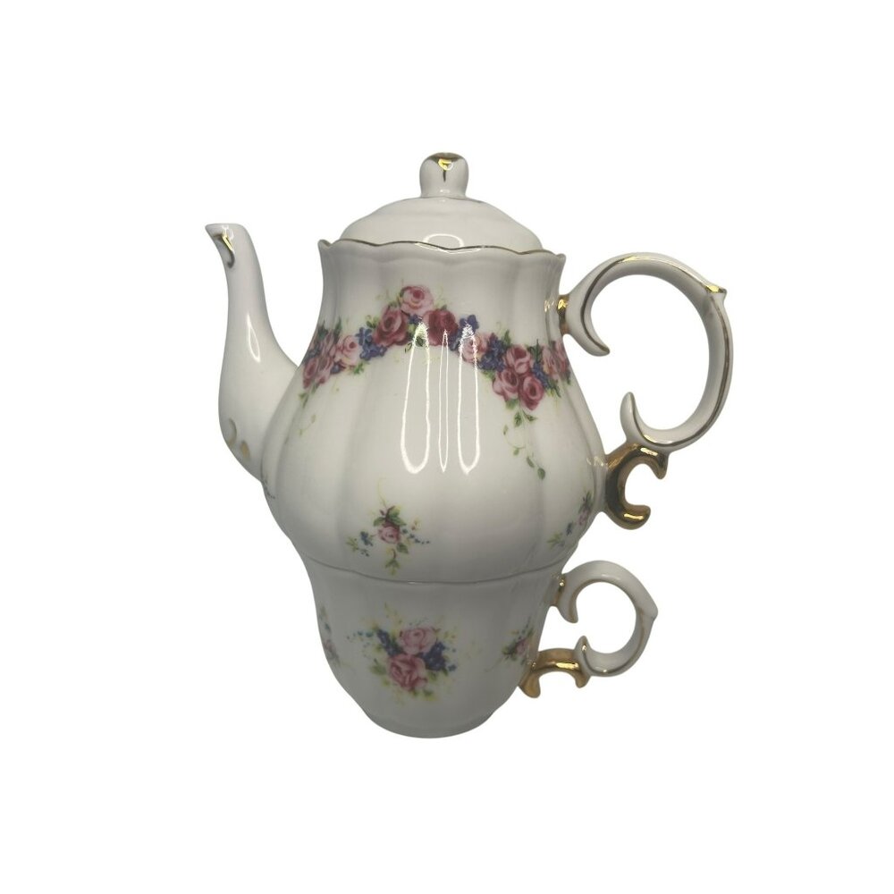 Vintage Floral Porcelain Stacking Teapot and Teacup Set with Gold Accents